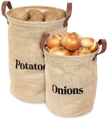 Onions Potato Printed Jute Bags Storage Bags With Leather Handle